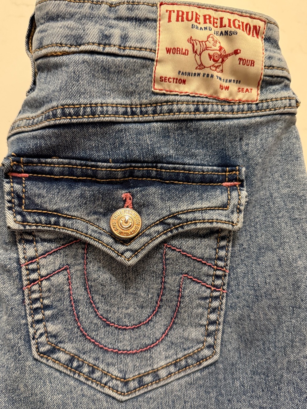 True Religion Straight Leg Light Blue Denim Jeans with Pink Stitching